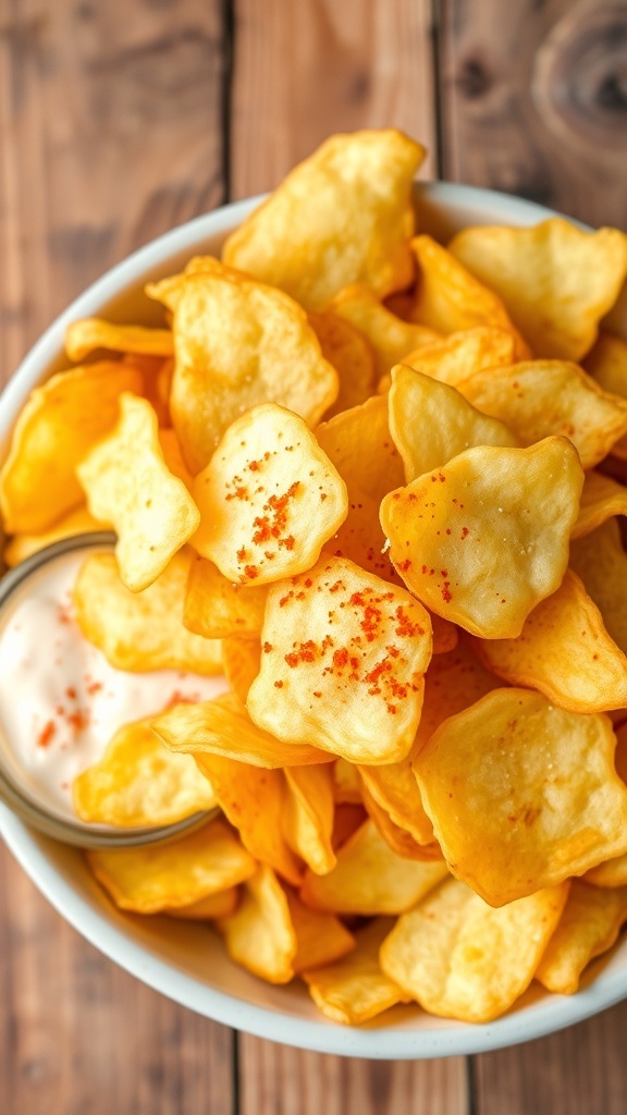 Homemade Potato Chips Recipe A bowl of crispy homemade potato chips with a sprinkle of paprika and a dish of dip on a rustic table.